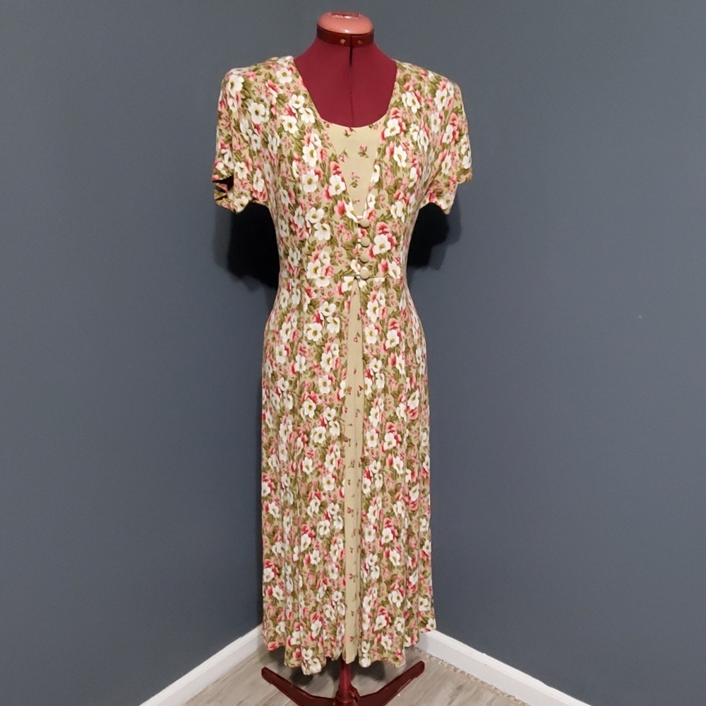 Vintage Brett Alixander Maxi Dress Tie Waist Pink Green Floral Crinkle Fabric